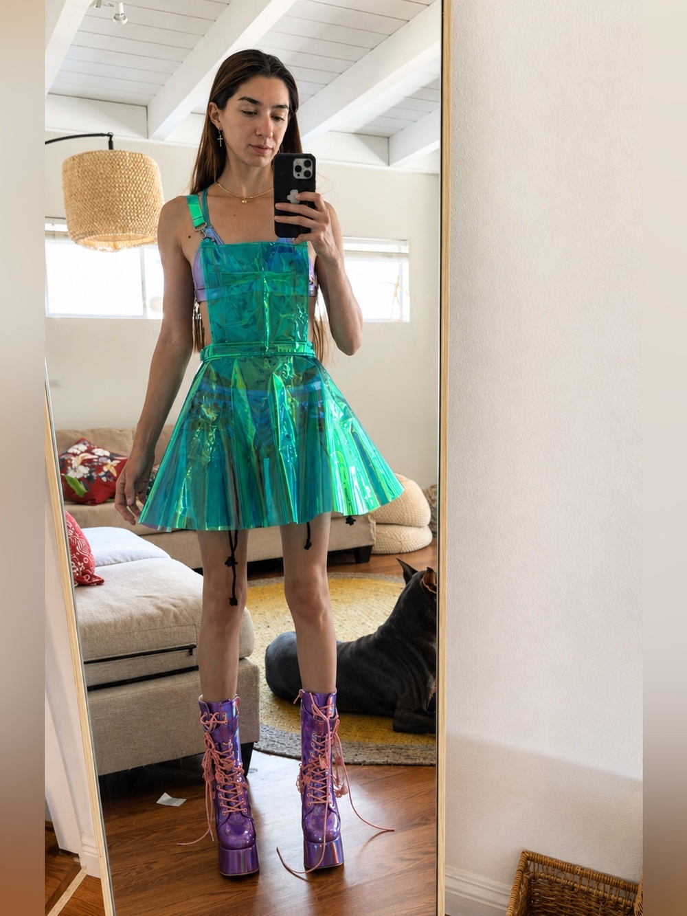 Dolls Kill Caleb Exx really old model RARE AQUA GURL HOLOGRAM OVERALL DRESS - Picture 2 of 6